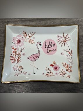 Hallmark Pink Flamingo Trinket Tray with Gold Trim